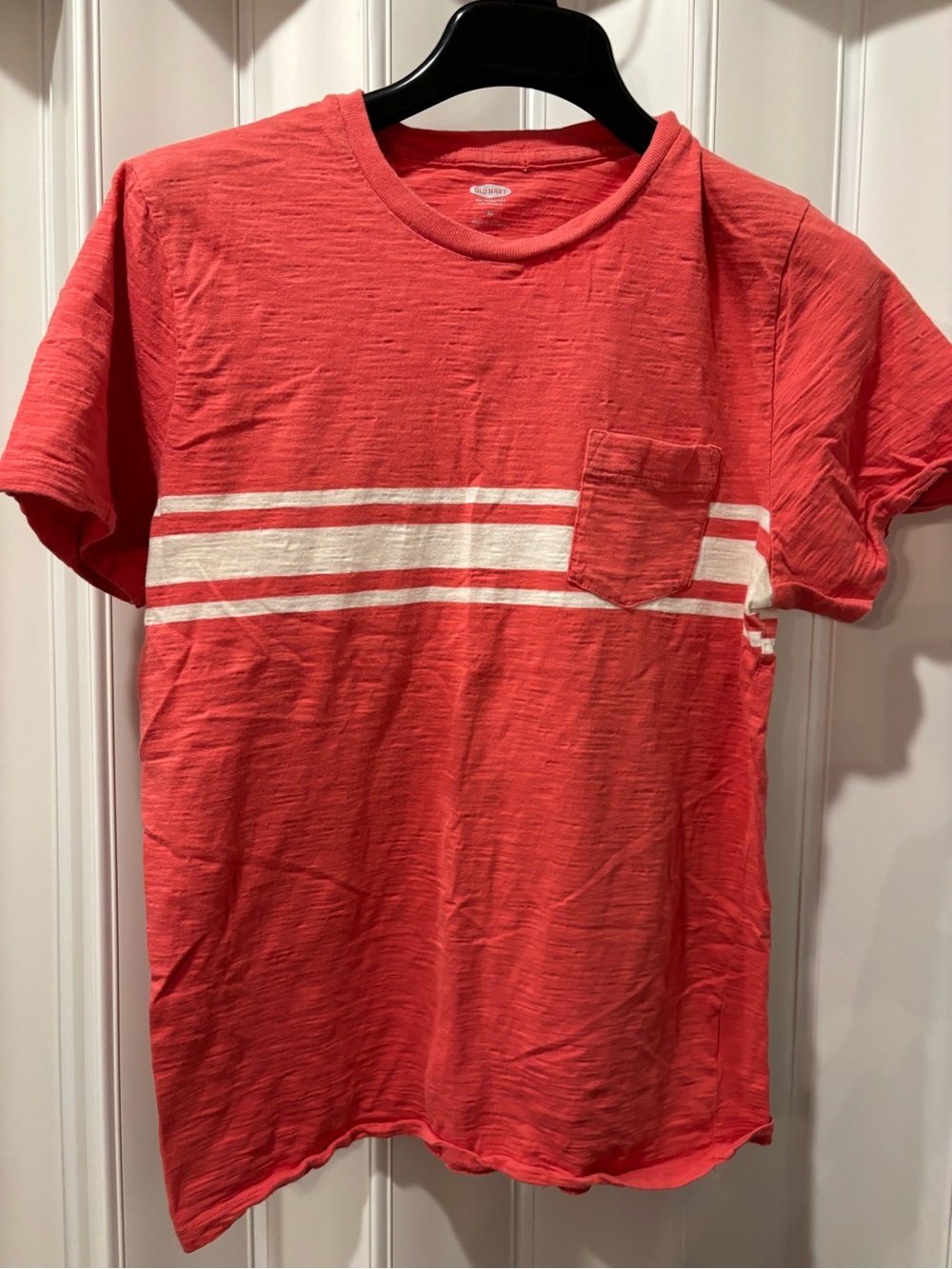 Men's Coral Short-Sleeve Pocket Tee with White Stripes Size Medium